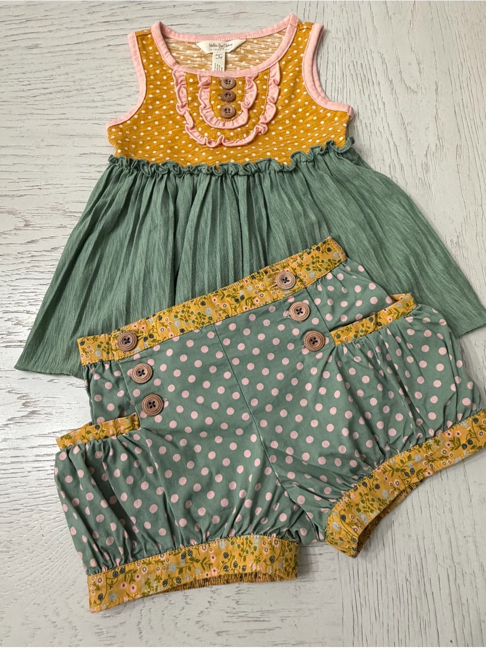Matilda Jane Green & Mustard Polka Dot Two-Piece Matching Set. Pop Pink Trim 2